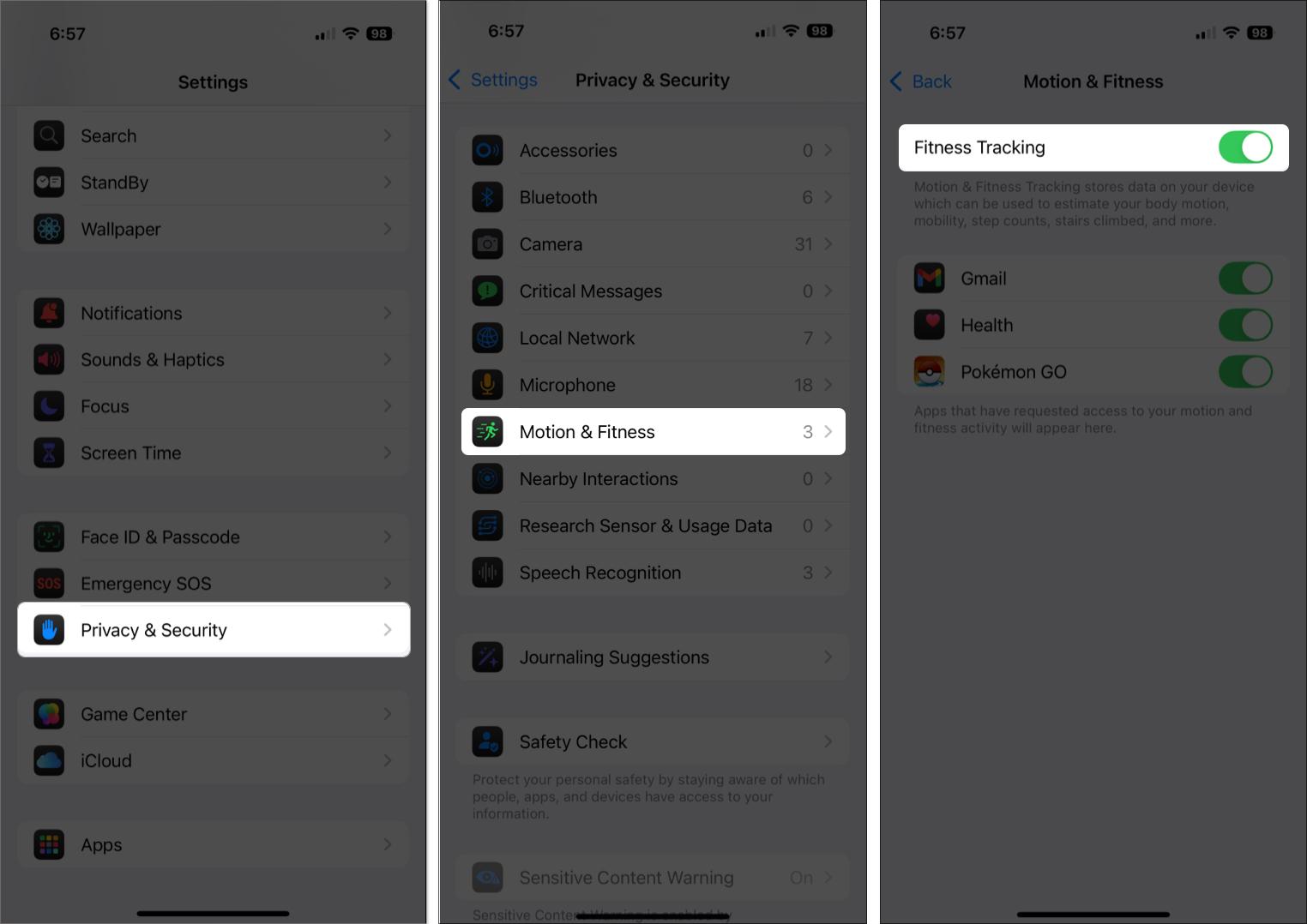 Toggle on fitness tracking in iPhone settings