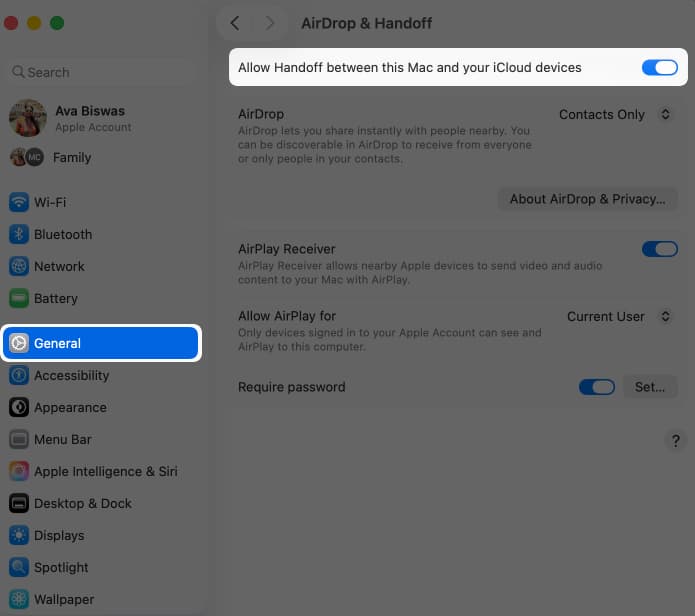 Toggle on handoff on Mac