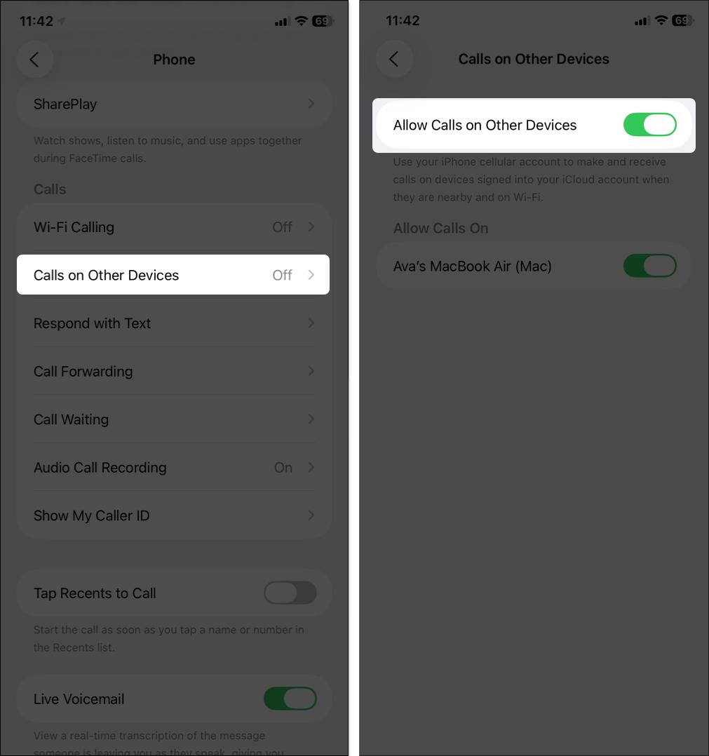Toggle on iPhone cellular calls on iPhone settings