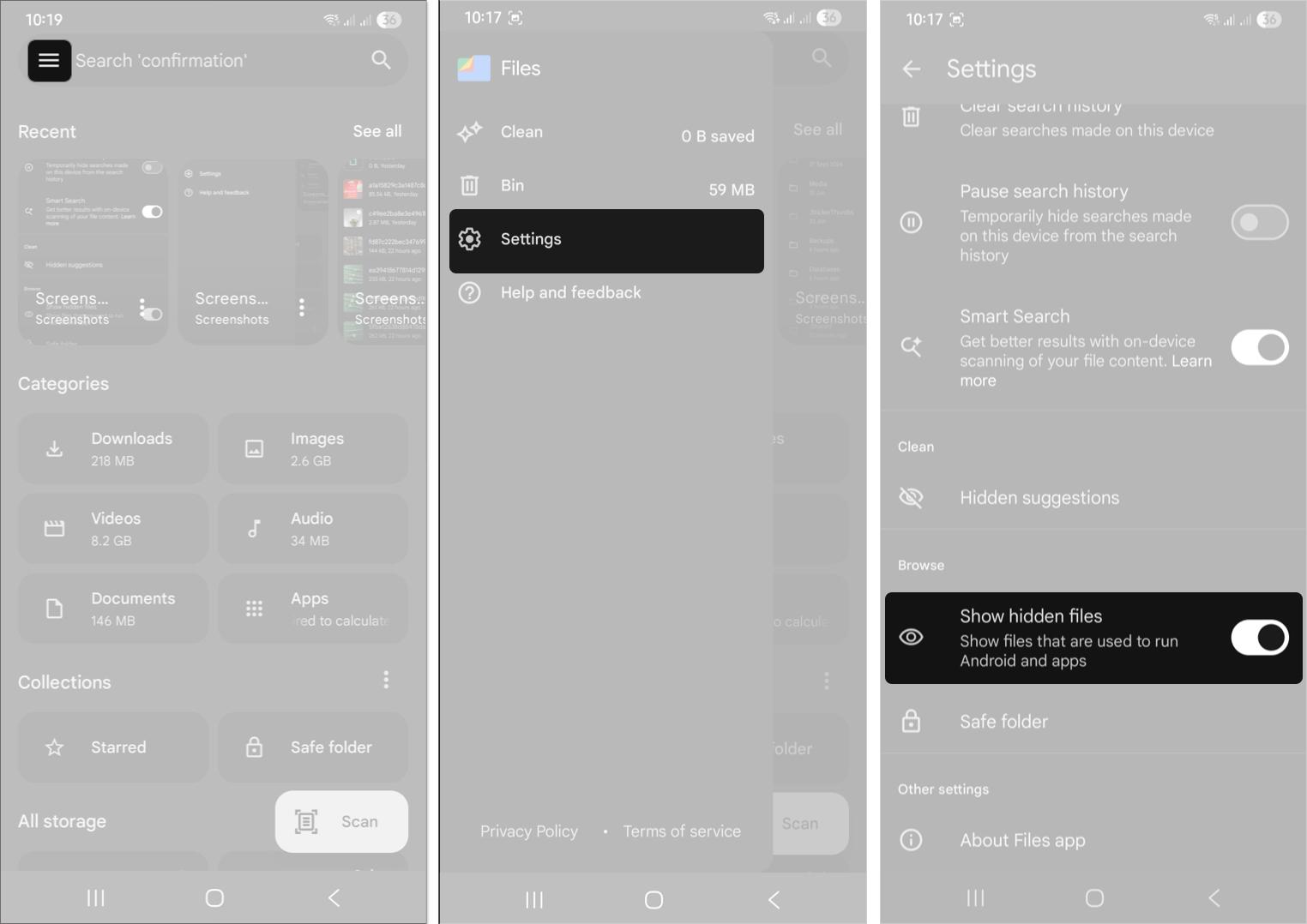 Toggle on show hidden files in files app