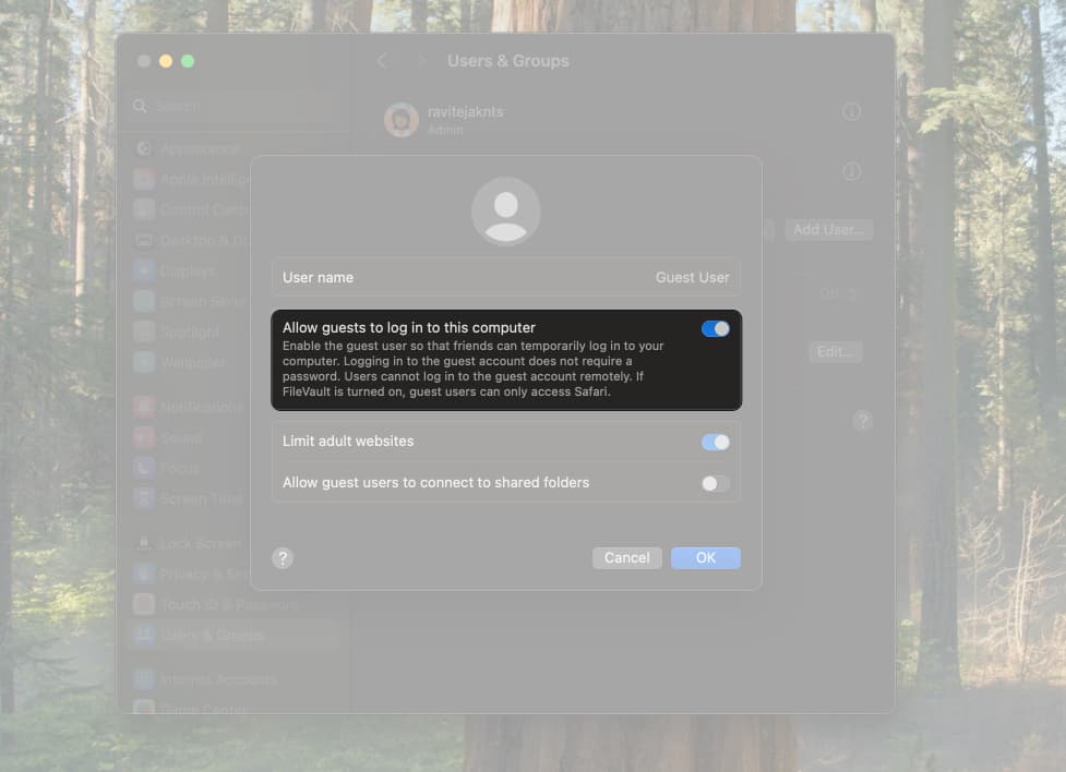 Toggle on Allow guests to log in to this computer