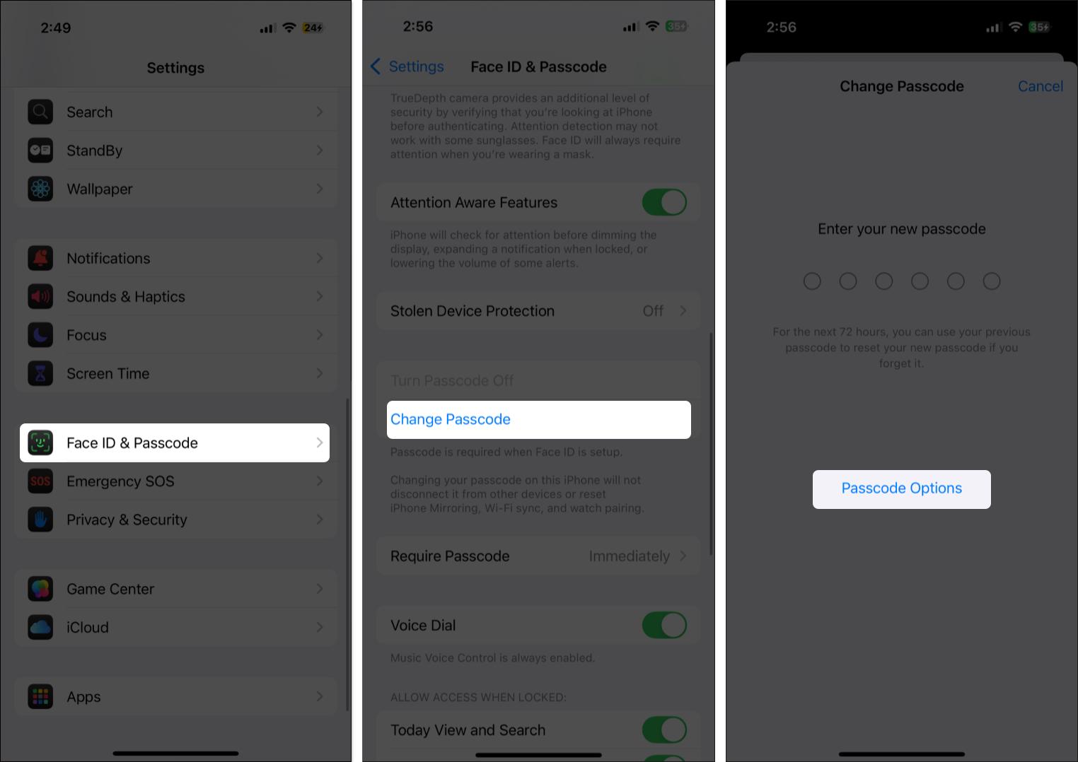 Access change passcode option in iPhone settings