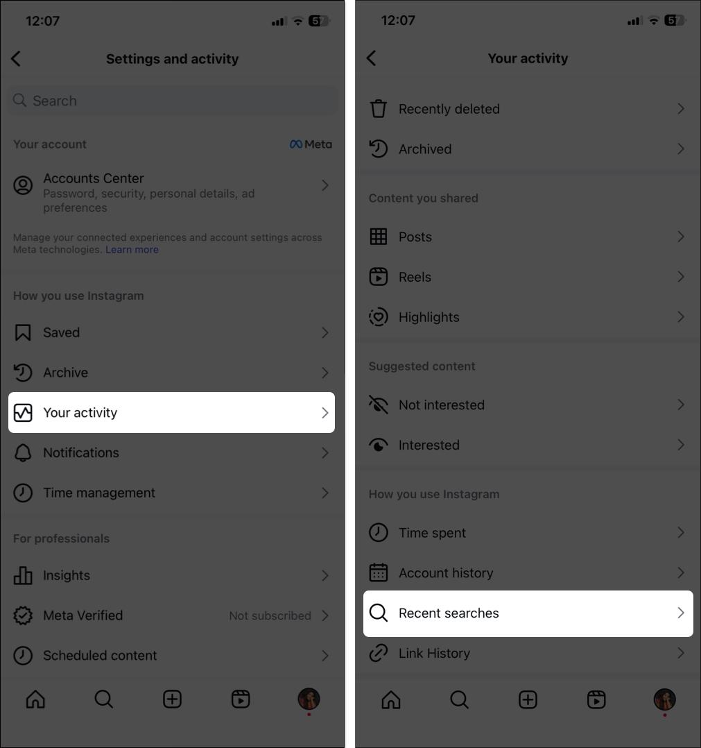 Access recent searches from Instagram settings