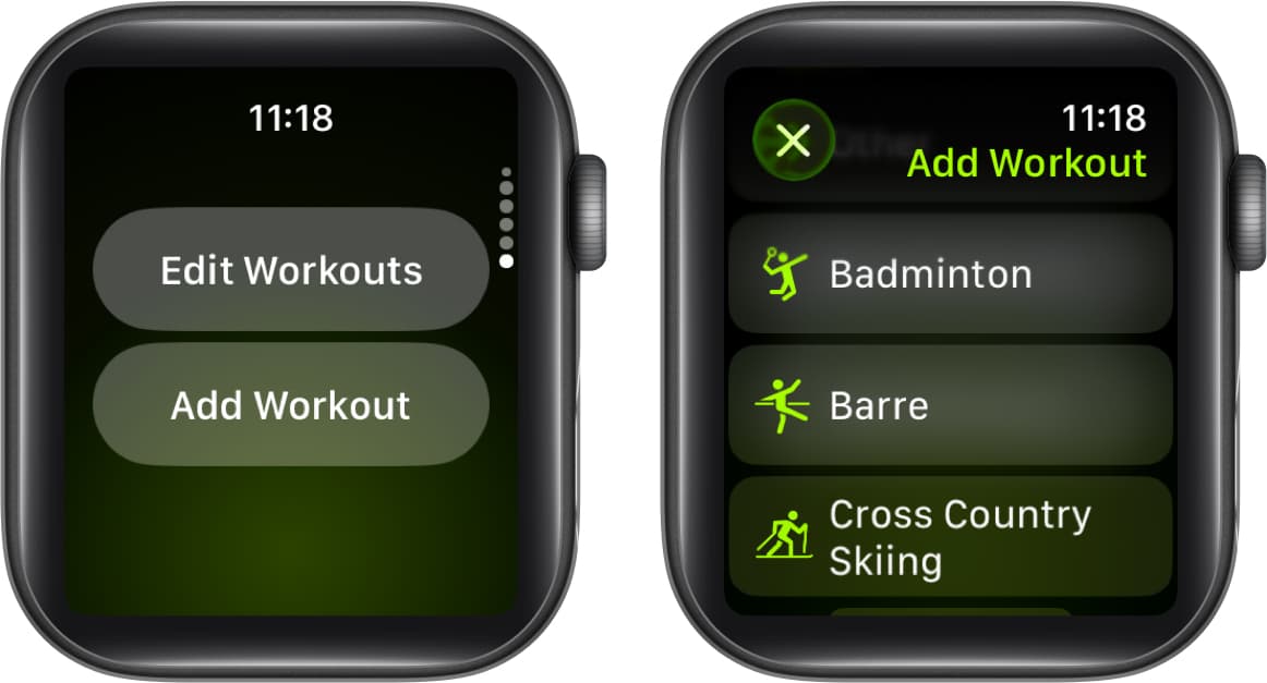 Add workout in workout app on Apple Watch