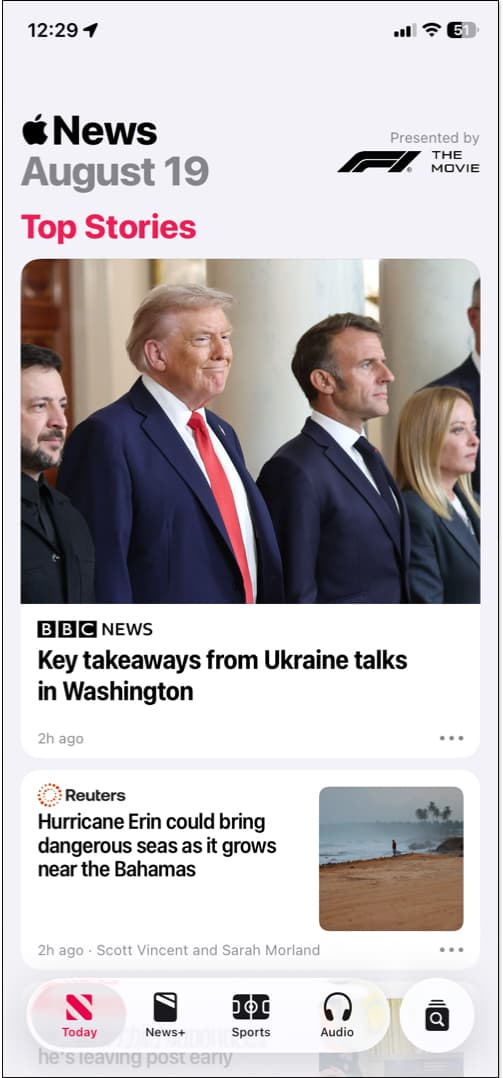 Apple news home page today tab