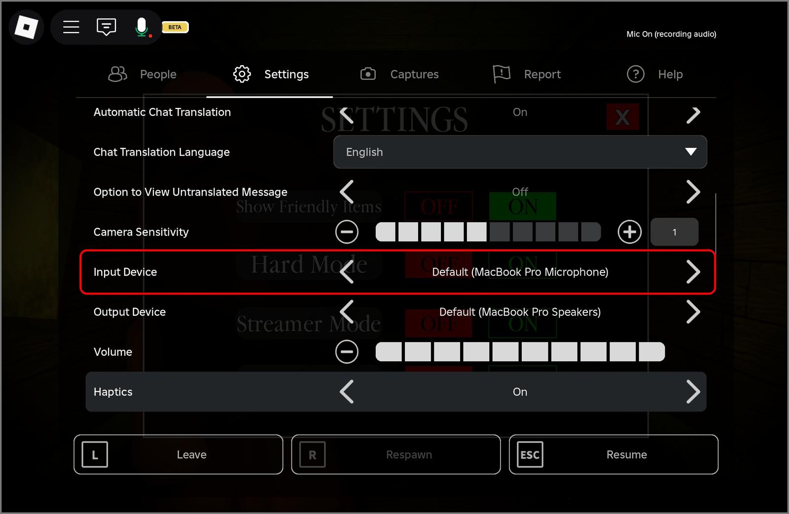 Changing Roblox voice chat input device