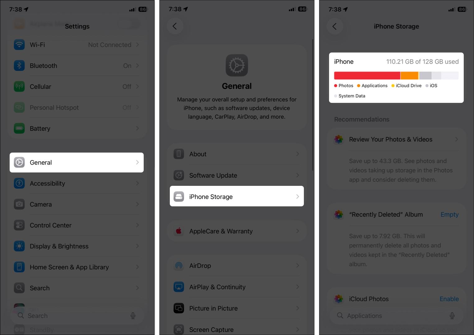 Check iPhone storage from iPhone settings