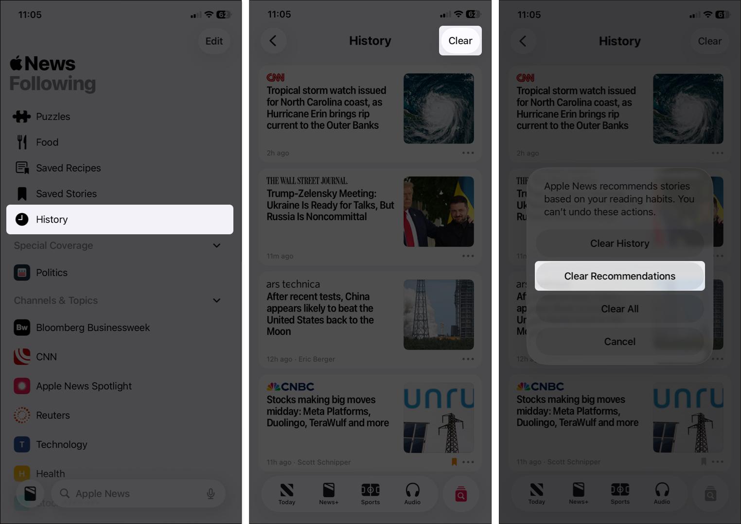 Clear history to reset algorithm for news suggestions
