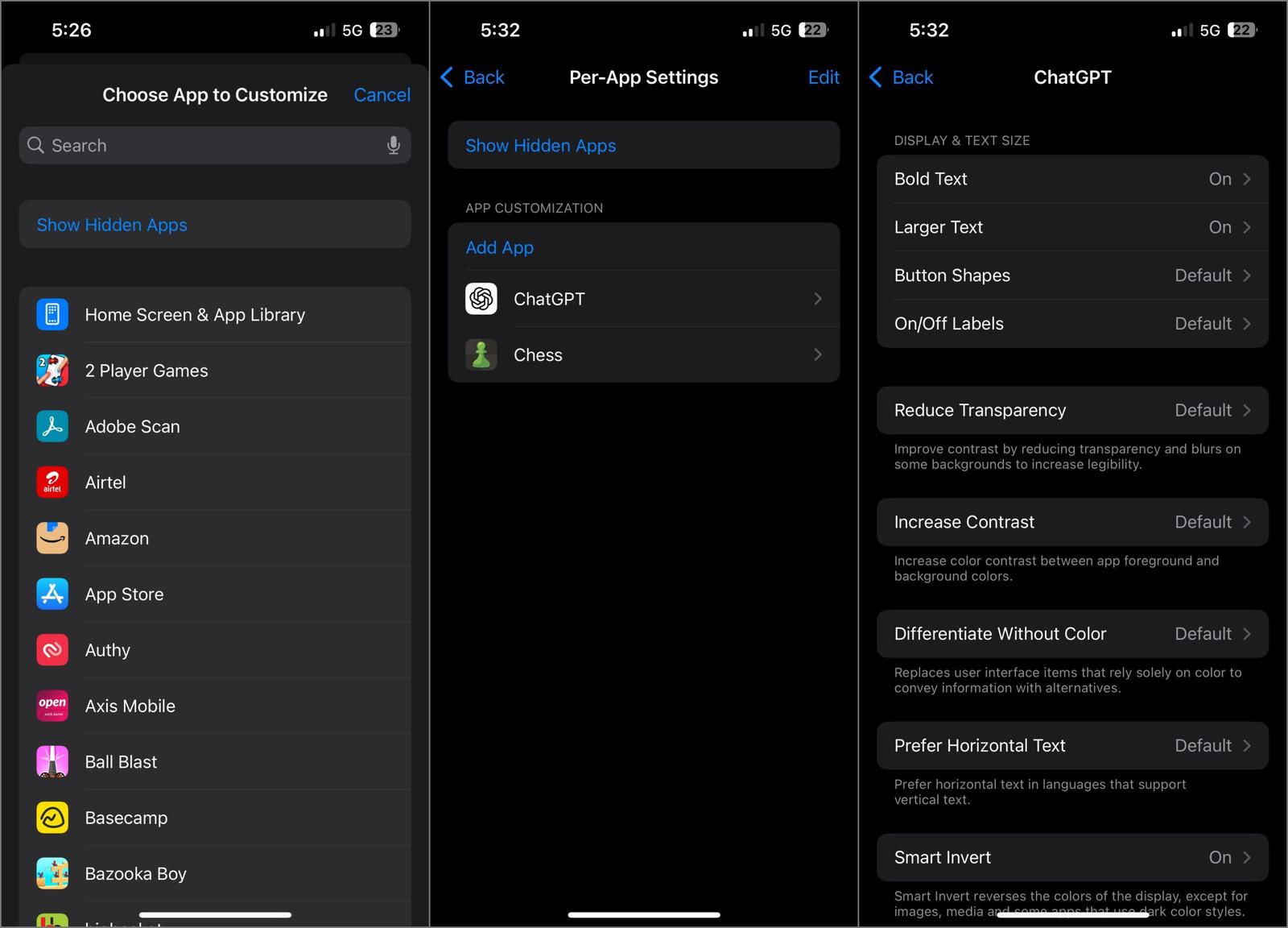 Customizing per app changes on iPhone