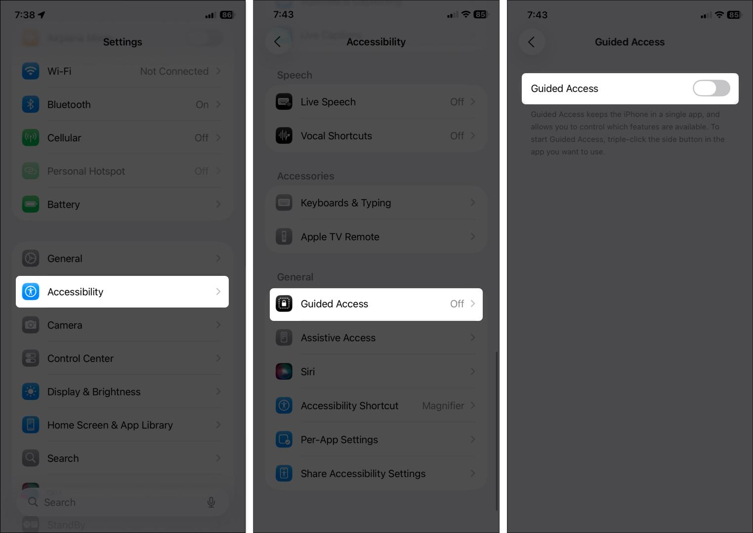 Disable guided access from iPhone settings