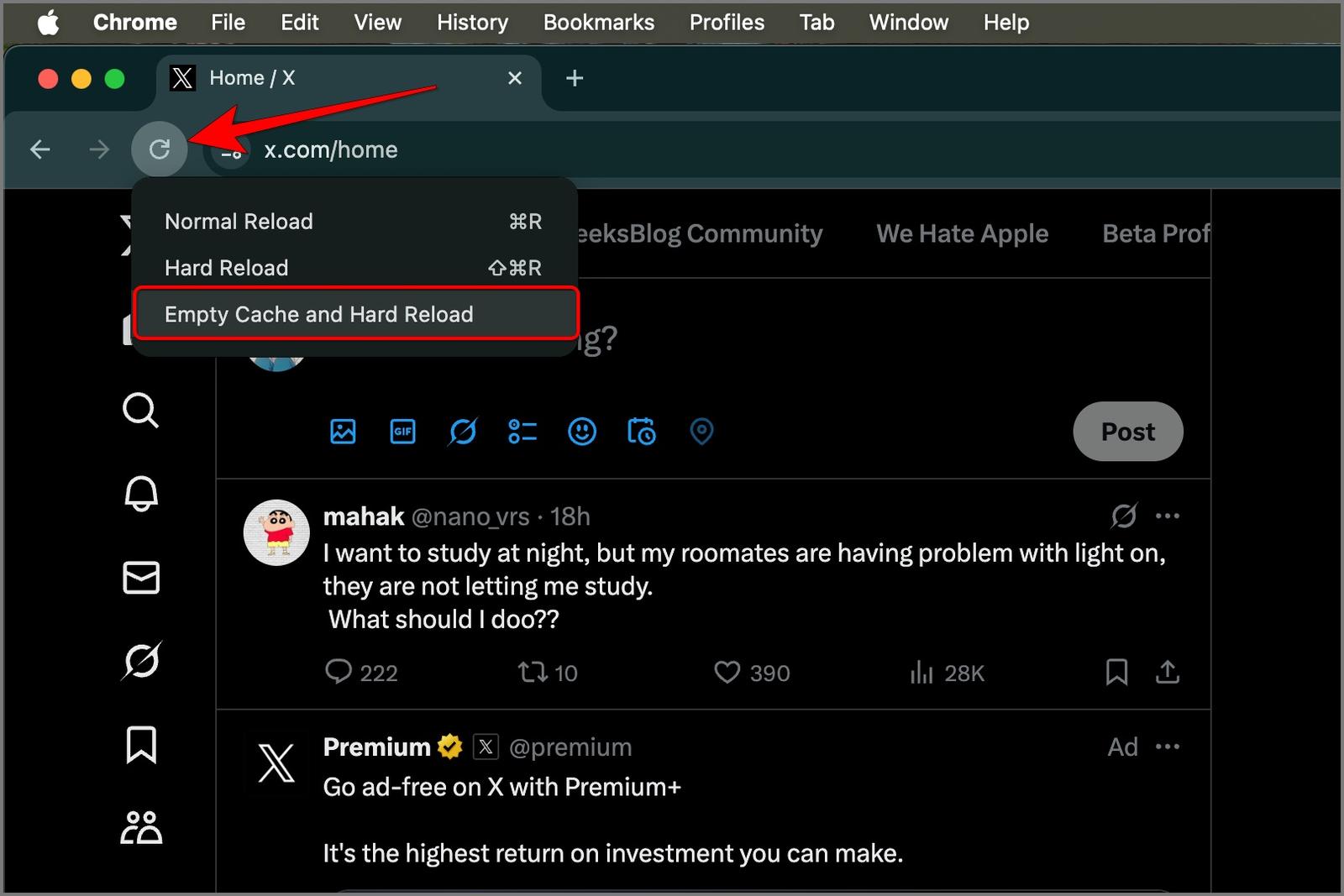 Empty cache of X website