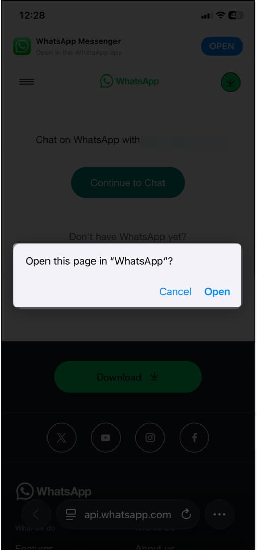 Enter full url and click to open WhatsApp chat