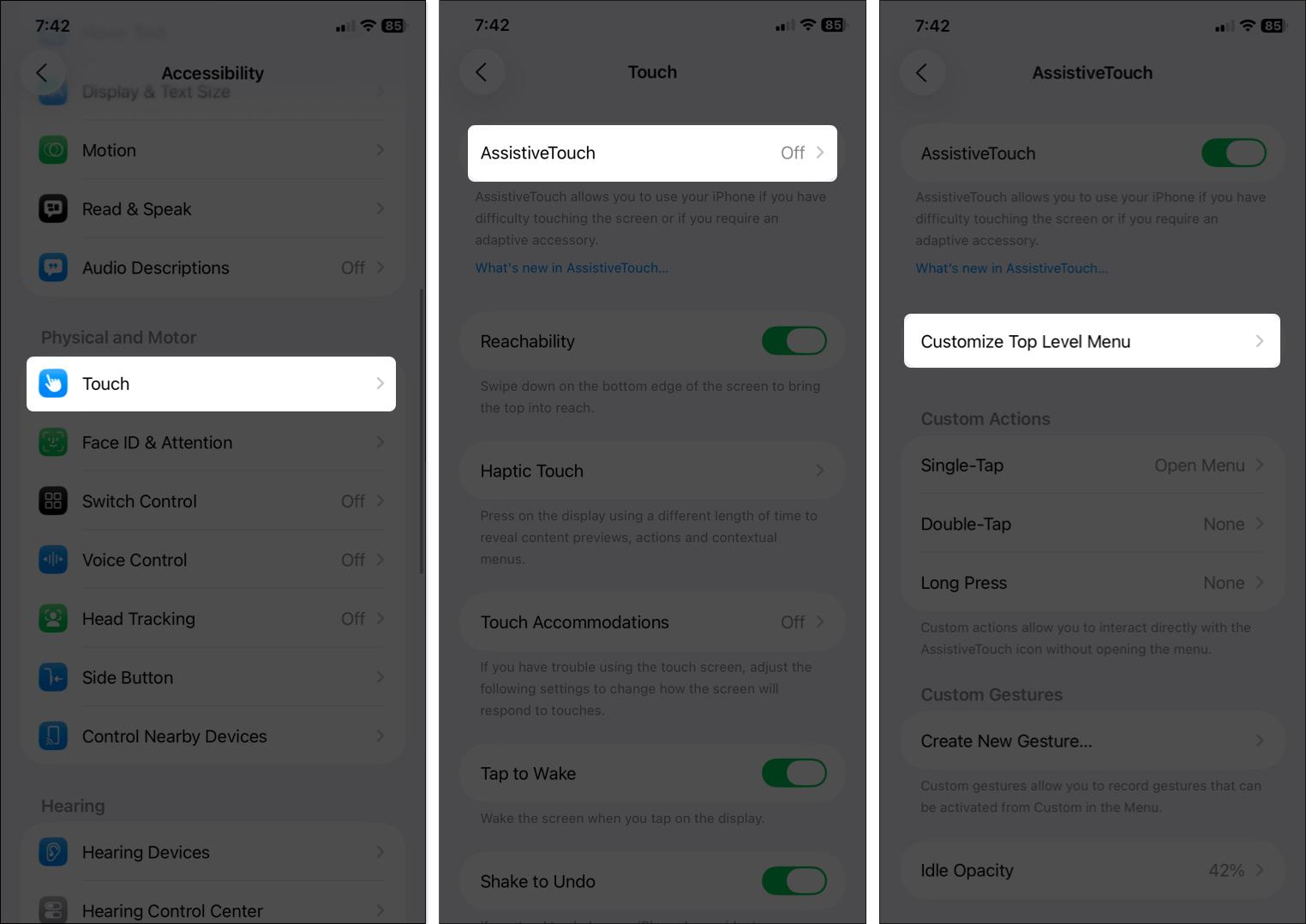 Find customize top level menu in assistive touch settings on iPhone