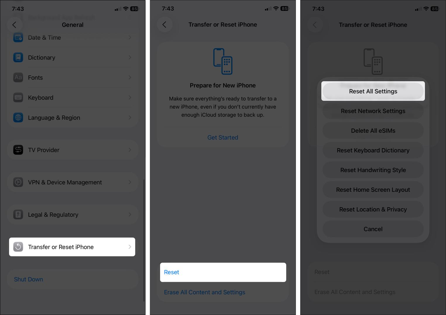 Get reset all settings option in iPhone settings