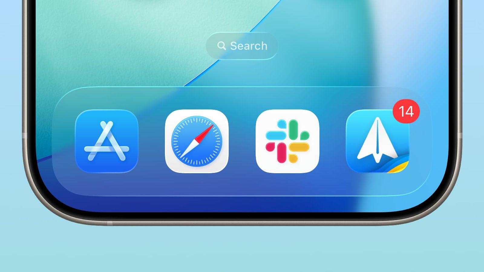 iOS 26 beta 5 dock with liquid glass effect