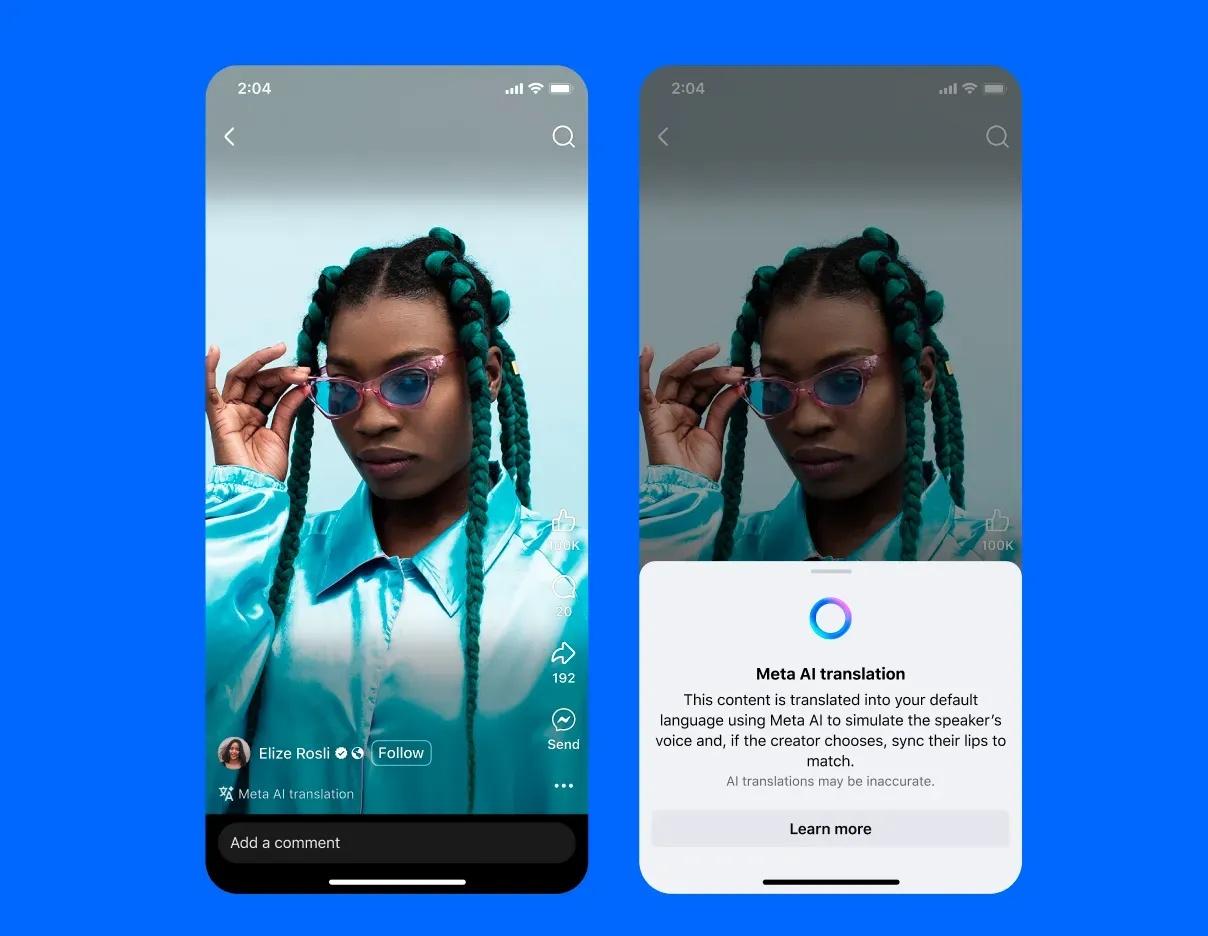 Instagram Reel with Meta AI translation label, showing a translated video in the viewer’s preferred language with voice and lip sync