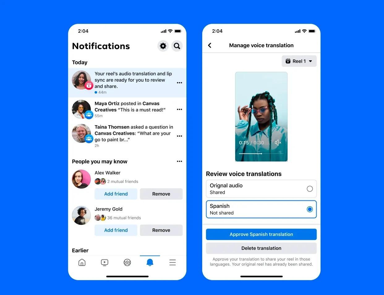 Facebook notification panel and voice translation review screen, allowing creators to approve or delete AI-generated Spanish dubbing