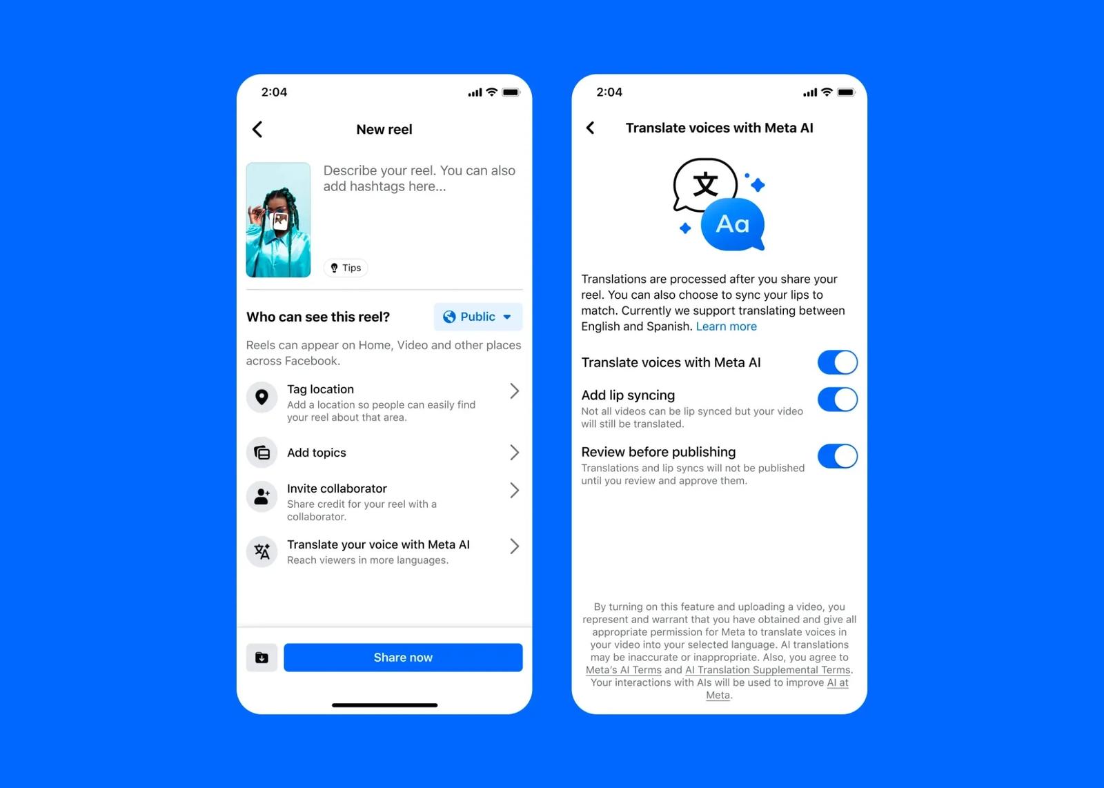 Meta AI dubbing options in Facebook Reel settings, showing toggles for translation, lip sync, and review before publishing