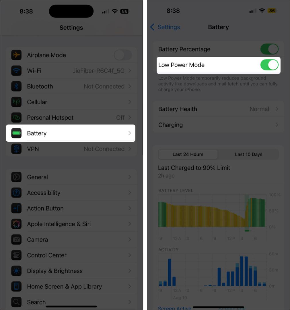 Open battery settings to toggle on low power mode on iPhone