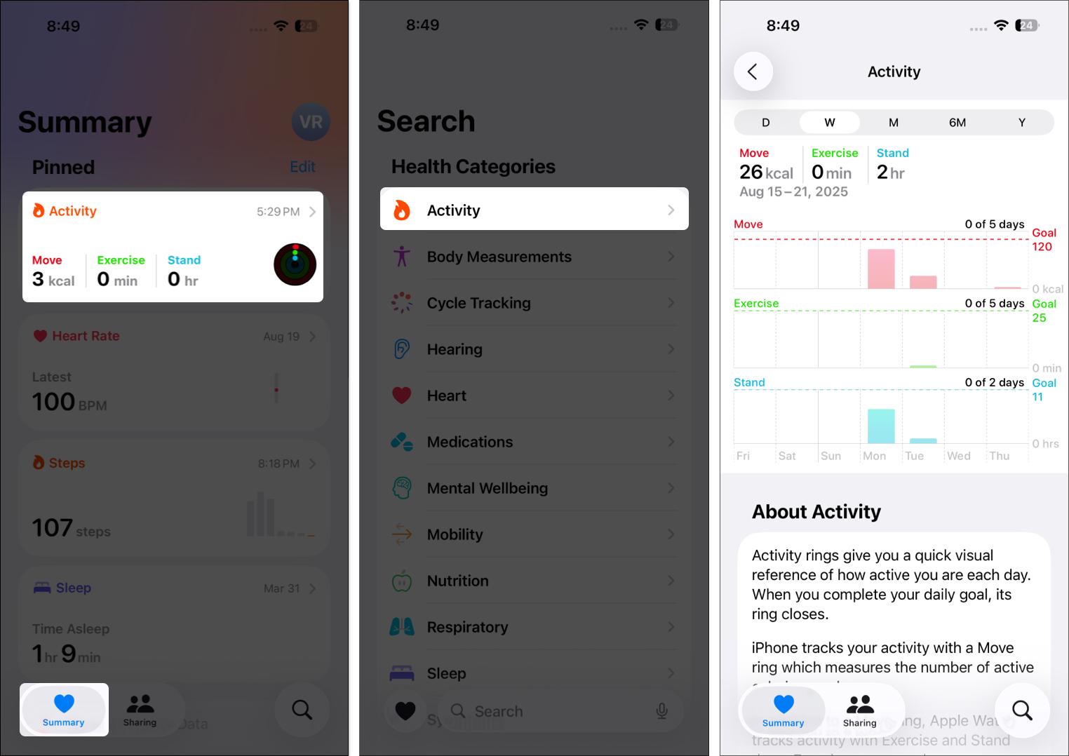 Open Health app tap on activity tab and access activity data