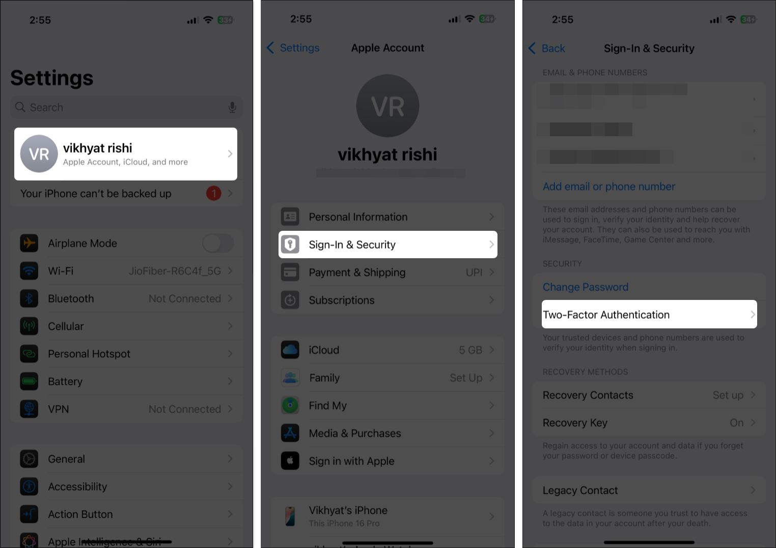 Open iPhone settings to enable two factor Authentication