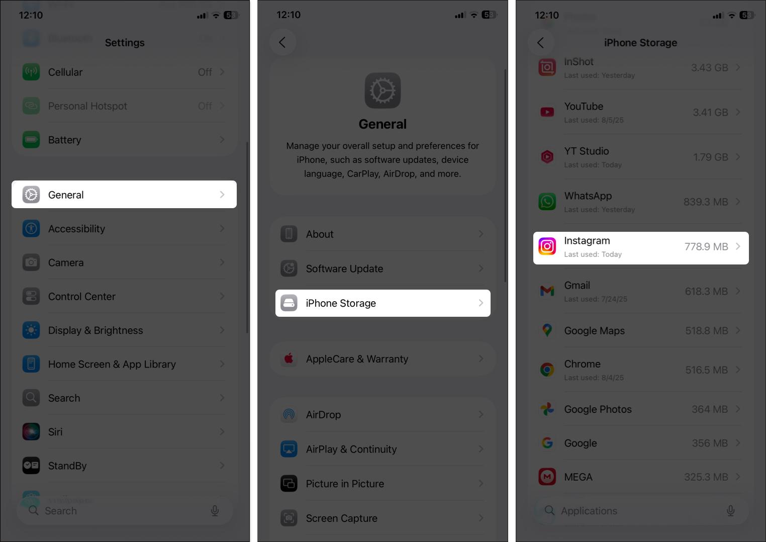 Open iPhone storage in iPhone settings