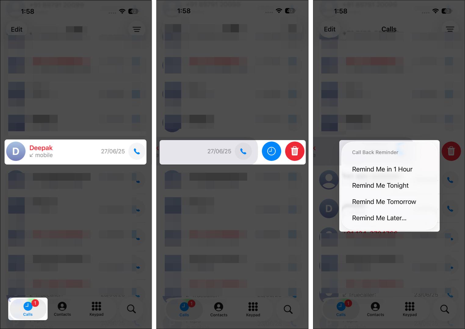 Open phone app and choose option for callback reminder