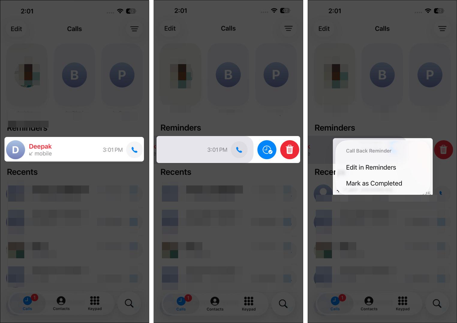 Open phone app to manage callback reminder
