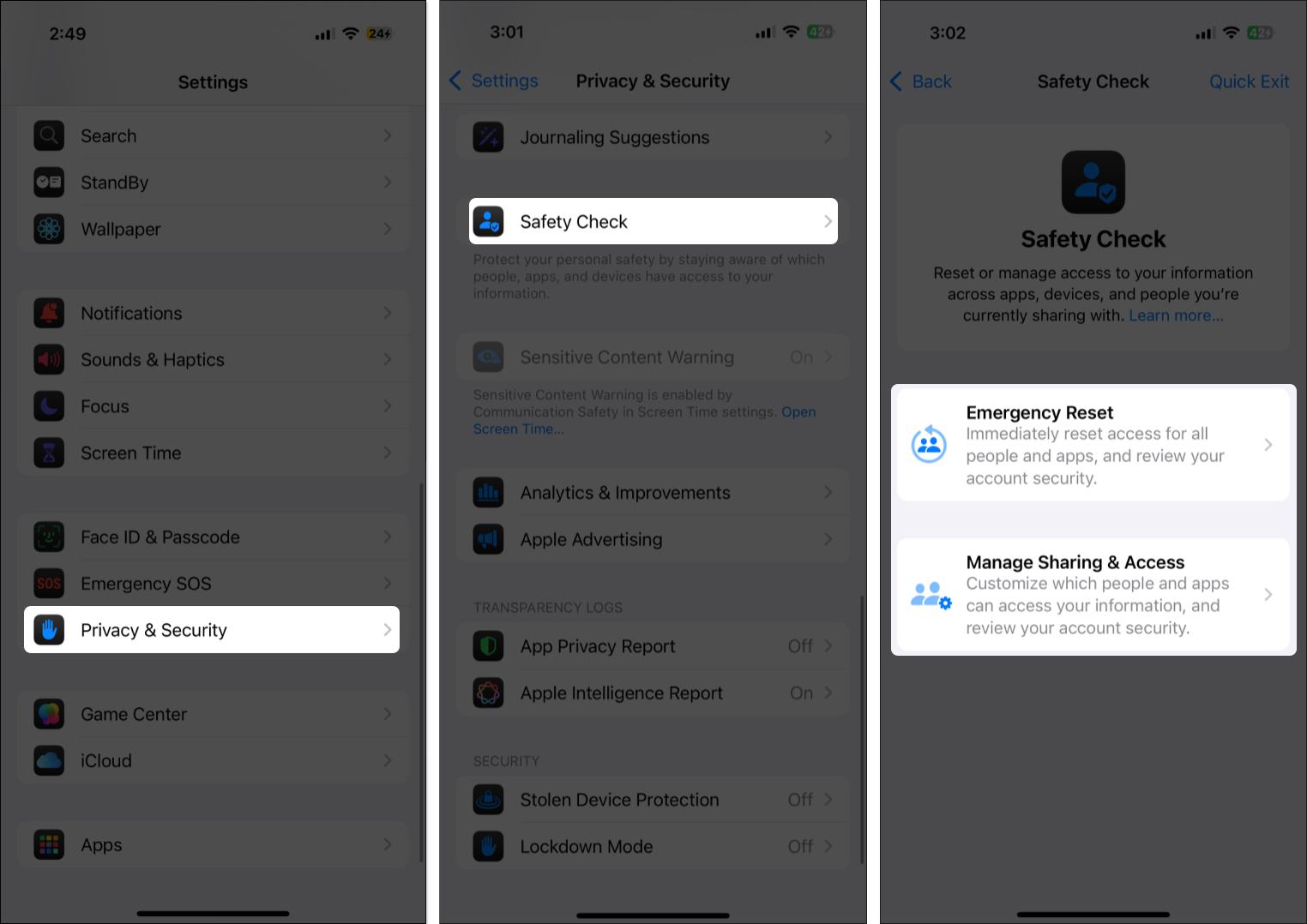 Open safety checks settings on iPhone