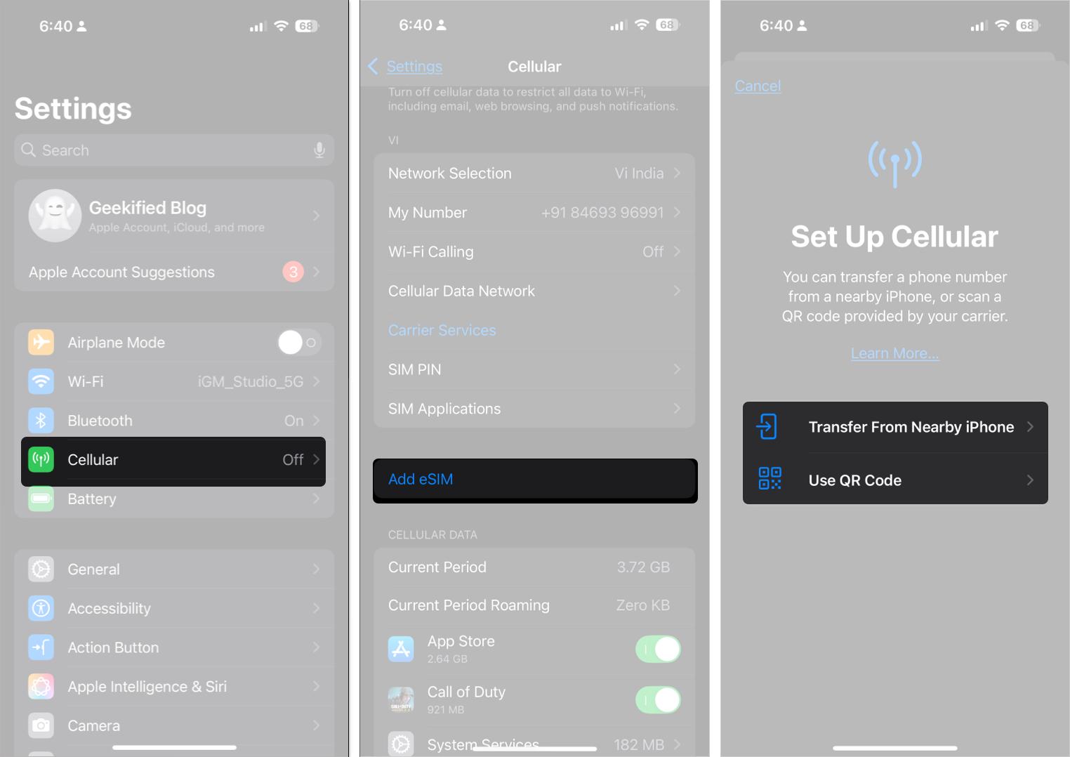 Open settings select cellular option to set up esim on iPhone