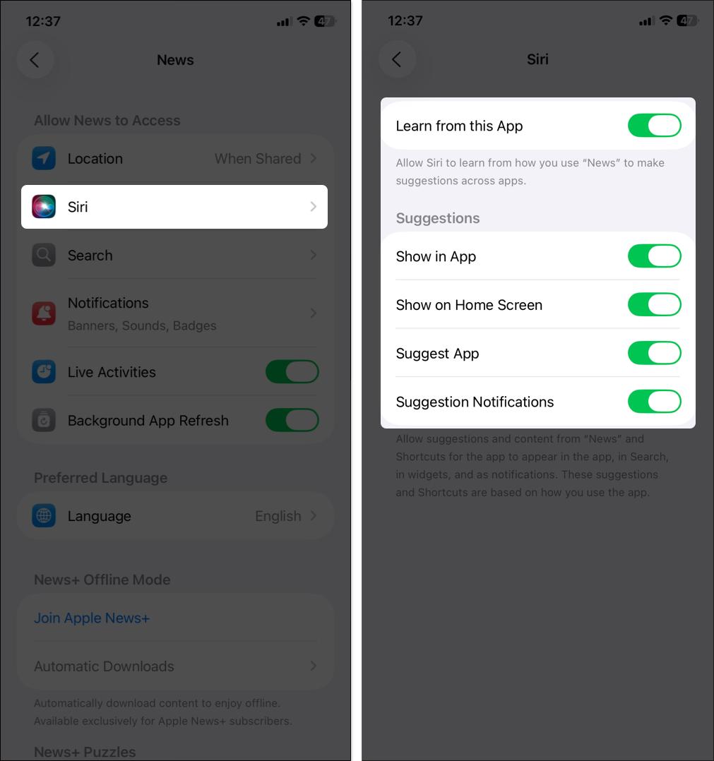 Open Siri news settings and toggle on all the options