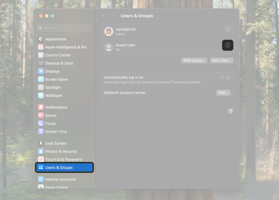 Open system settings then tap on user and groups to access user account