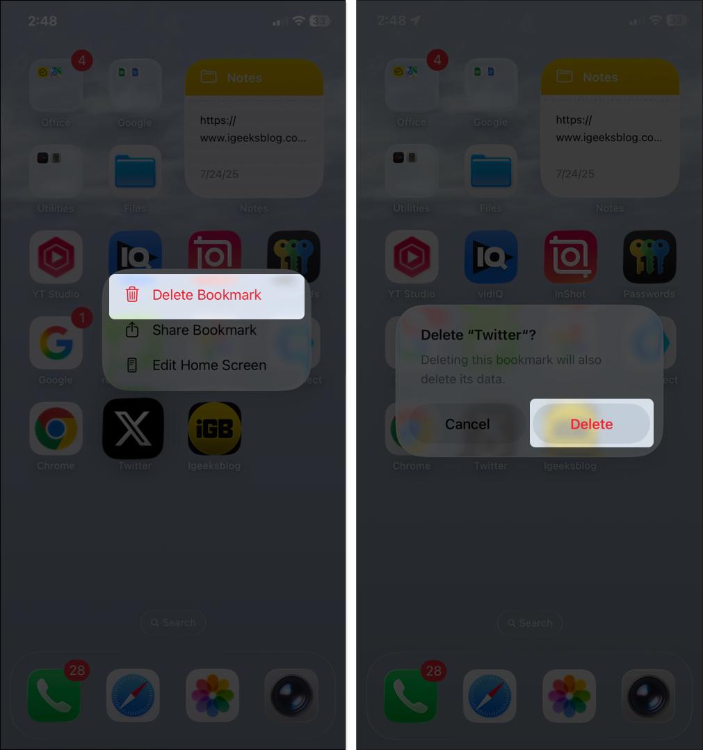 Press and hold to get delete bookmark option