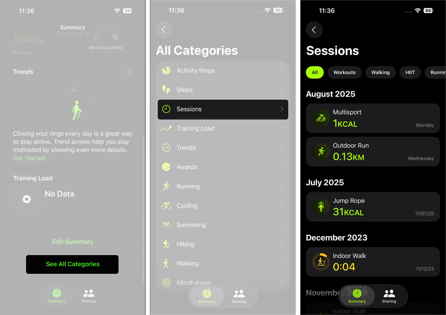 Select categories to see all recent workout data