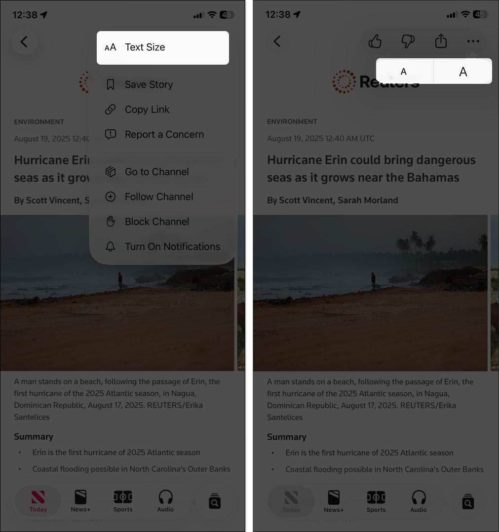 Select text size to change font size