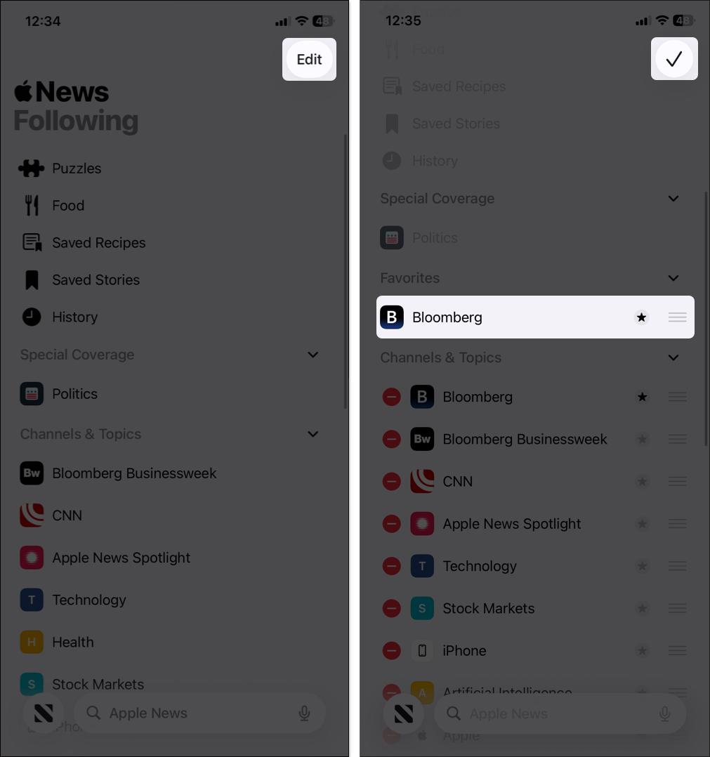Tap and hold to manage favourite channel or topic