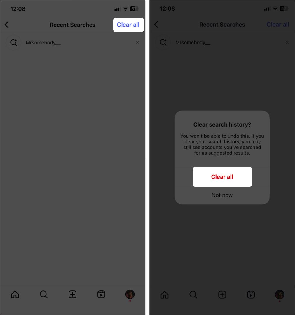 Tap on clear all to remove Instagram search history