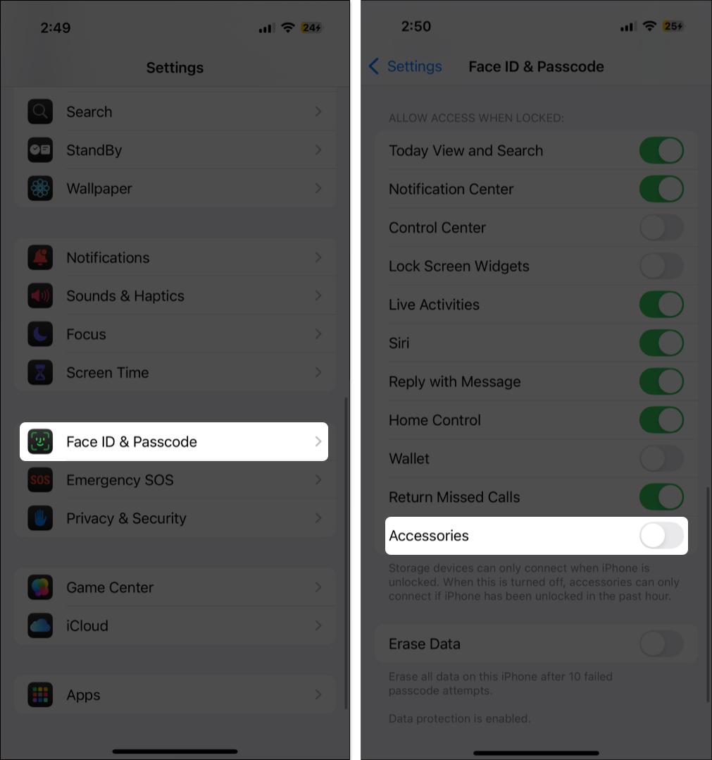 Tap on face id and passcode and toggle off accessories