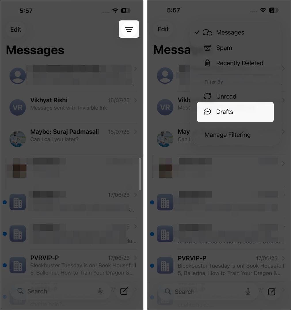 Tap on filter icon and select draft from menu