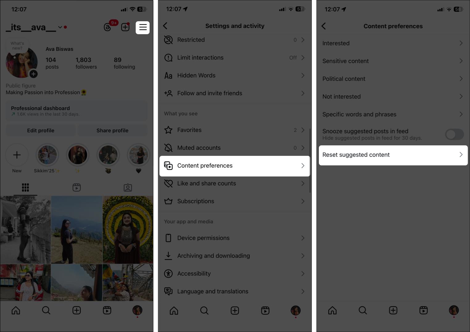 Tap on hamburger and access content preferences option
