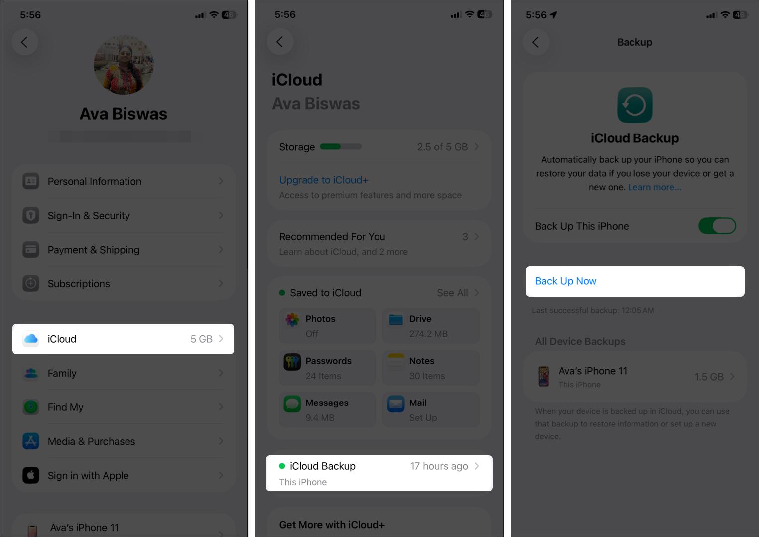 Tap on iCloud to access iCloud backup option in iPhone settings