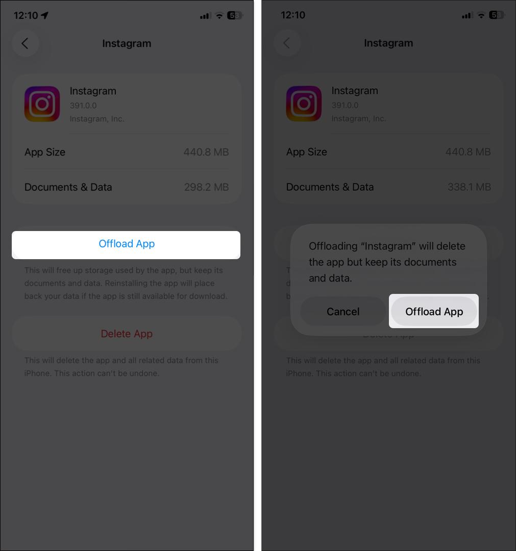 Tap on offload to clear Instagram cache from iPhone settings