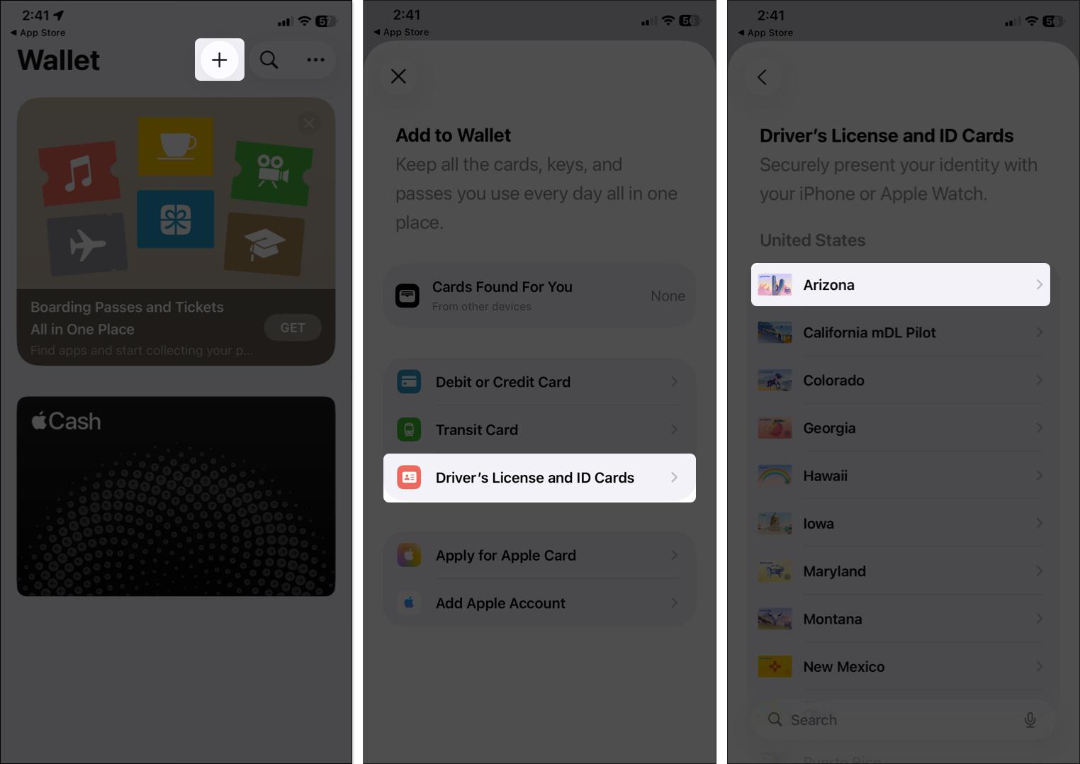 Tap on plus sign to add driver license and state