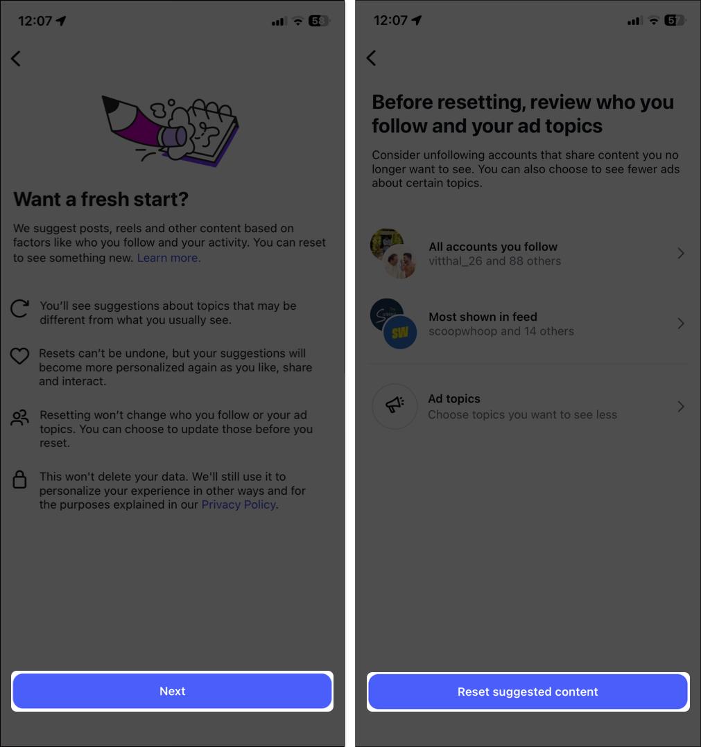 Tap on reset suggested content
