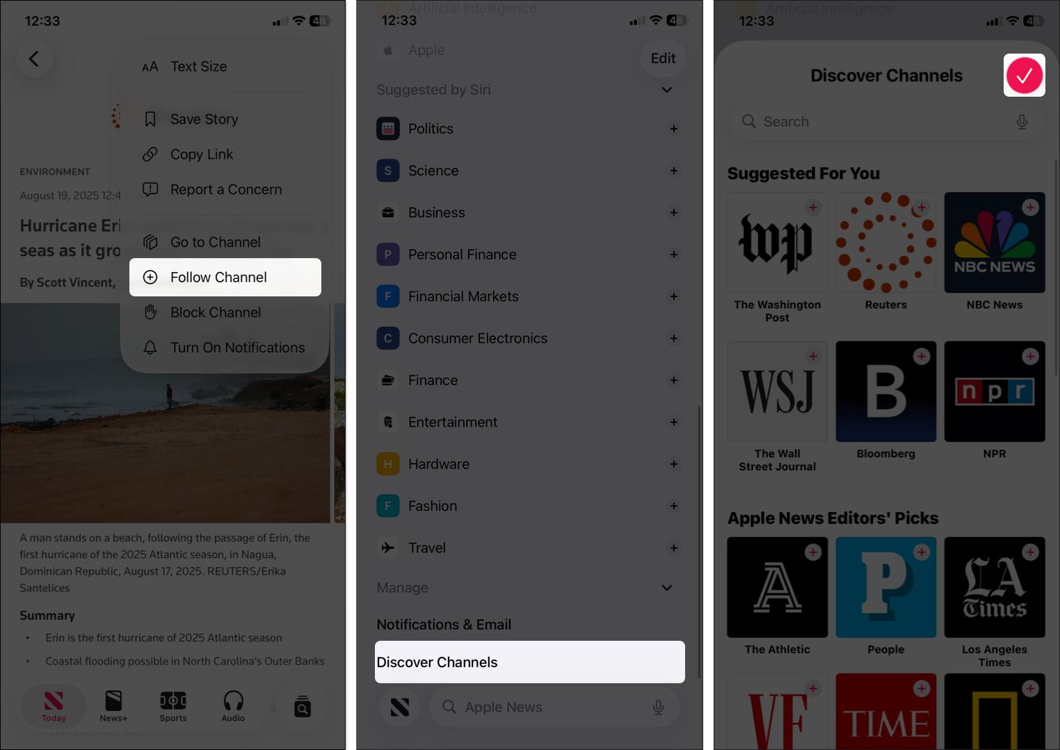 Tap on three dot icon and select channel to follow