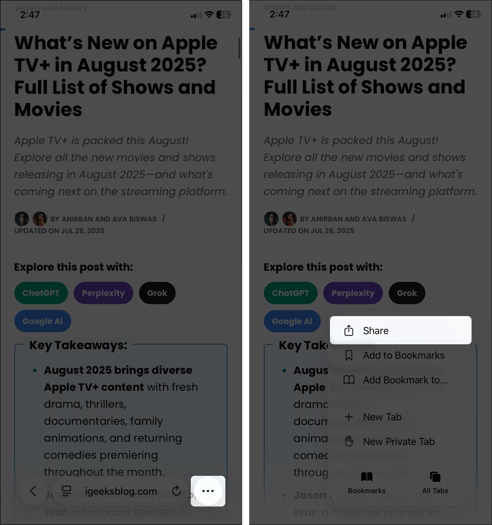 Tap on three dot icon and select share button
