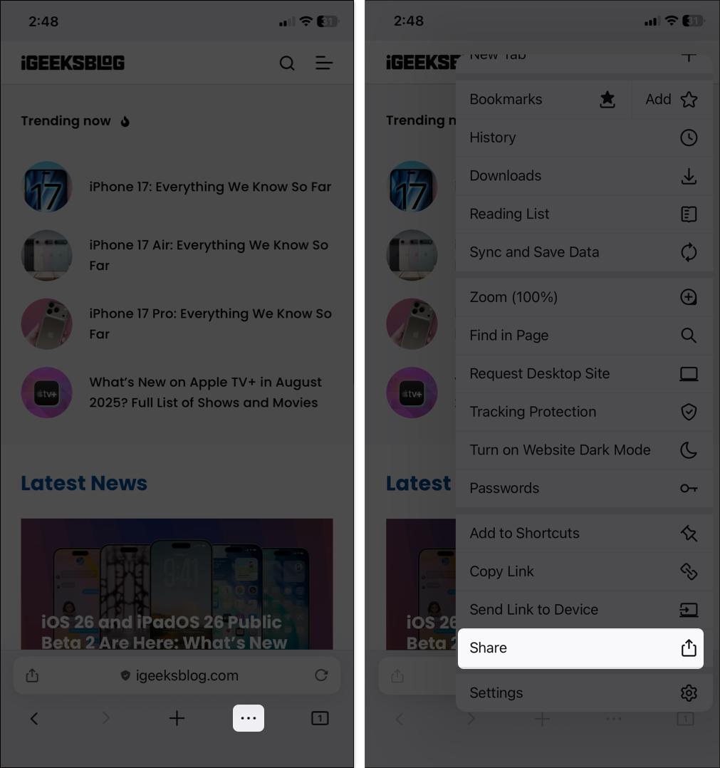 Tap on three dots and select share option from dopdown