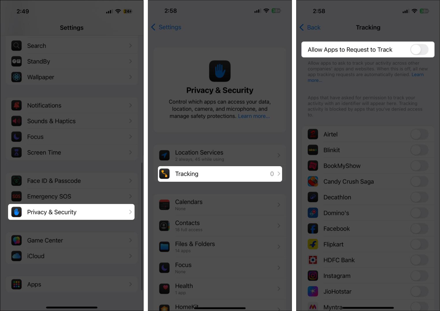 Toggle off allow app request to track