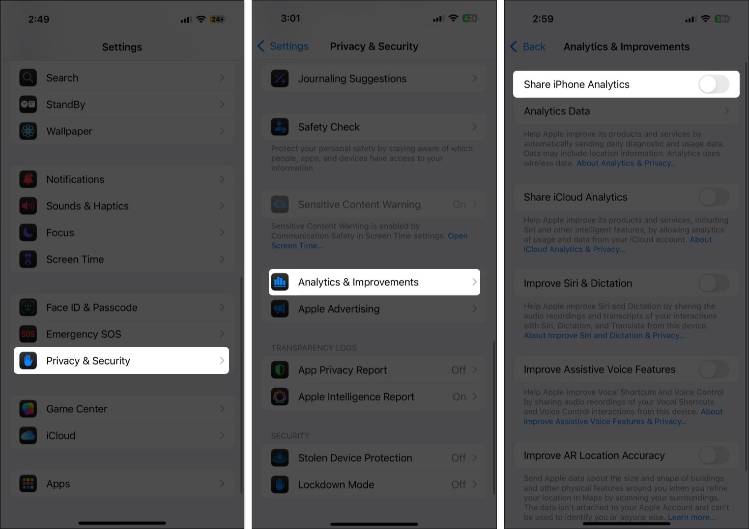 Toggle off share iPhone analytics in iPhone settings
