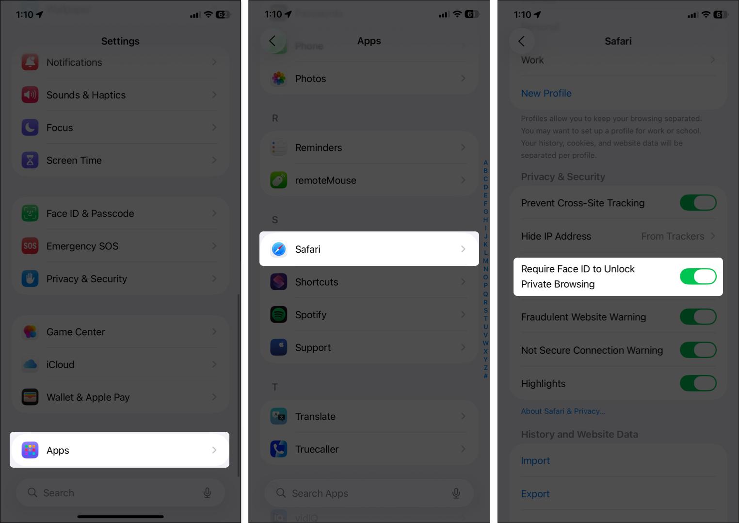 Toggle on require face id to unlock private browsing in iPhone settings
